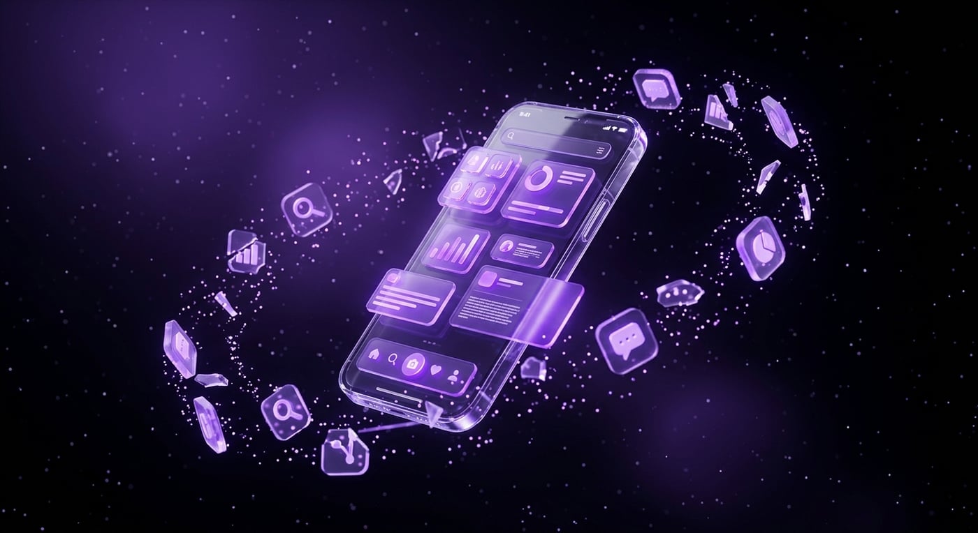 Social media illustration — phone with engagement icons